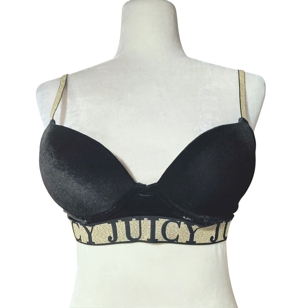 Juicy Couture Black Velvet Push Up Bra Gold Glitter Straps Logo Band Size 36B